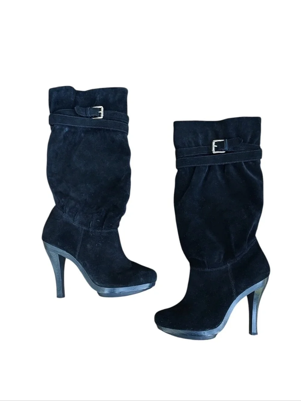 Michael Kors Black Suede Leather Slouchy Mid-Calf Heeled Boots